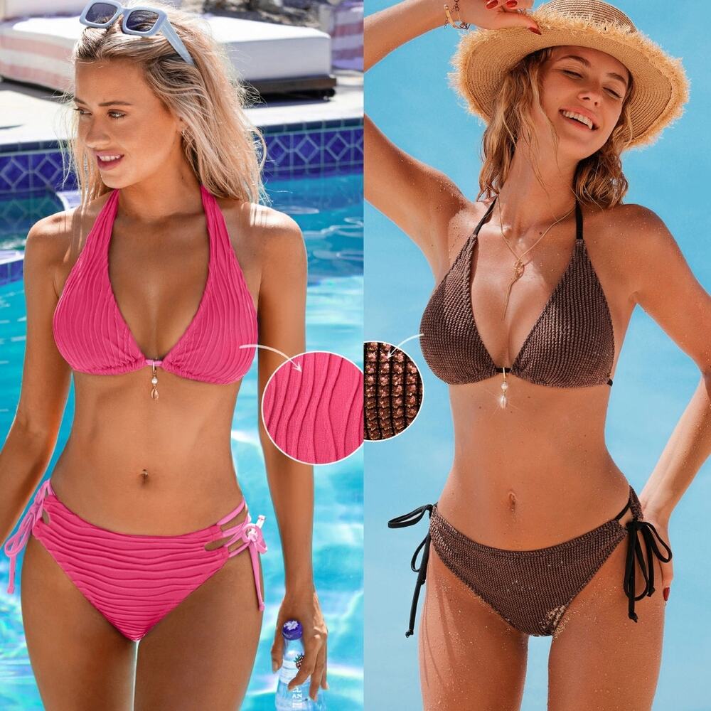 NWT Cupshe Lot of 4 Bikinis Oceanside Charm & Pink Textured Halter Swimsuit Sz M